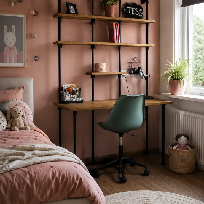 kinderbureau stoer in een mooie meiden kamer! Het bureau is behandeld met een bruine wax.