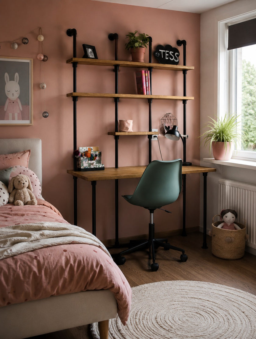 kinderbureau stoer in een mooie meiden kamer! Het bureau is behandeld met een bruine wax.