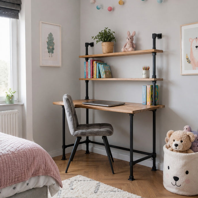 kinderbureau zwart in een mooie kinderkamer met een vurenhouten blad in de kleur bruin.