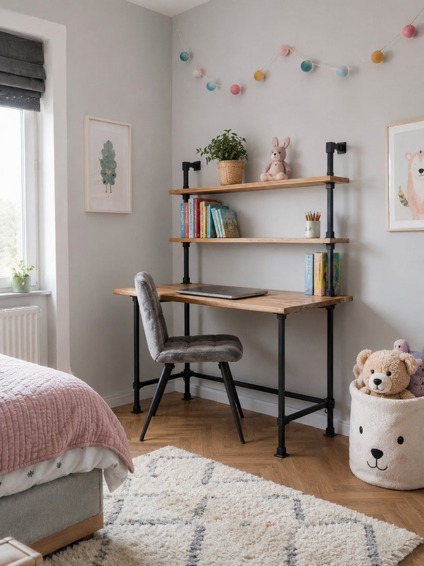 kinderbureau zwart in een mooie kinderkamer met een vurenhouten blad in de kleur bruin.