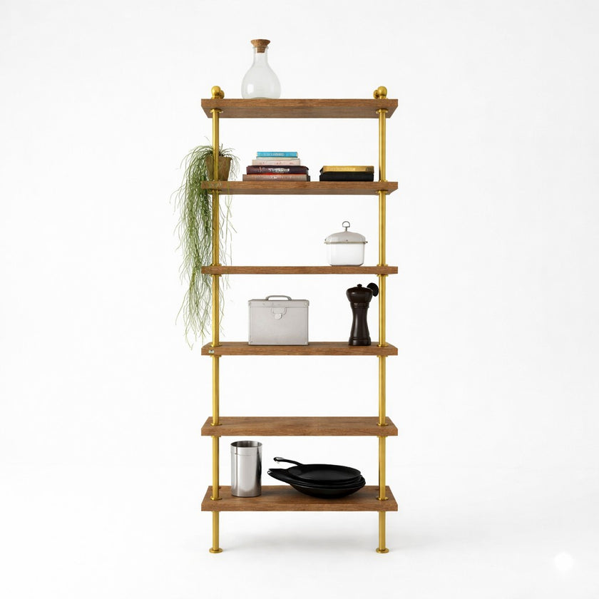 Modern industrieel kledingrek met legplanken en metalen buizen voor kleding en accessoires