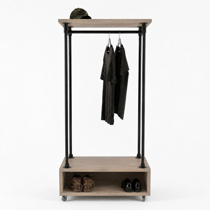 Kledingrek wielen Garderobe met taupe hout, zwarte steigerbuizen, kledingstang en schoenenrek op wielen.