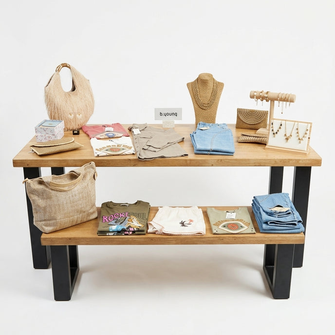 Presentatietafel winkel met bruin gebeitste houten bladen en zwart stalen onderstel, stijlvol ingericht met kleding en sieraden.