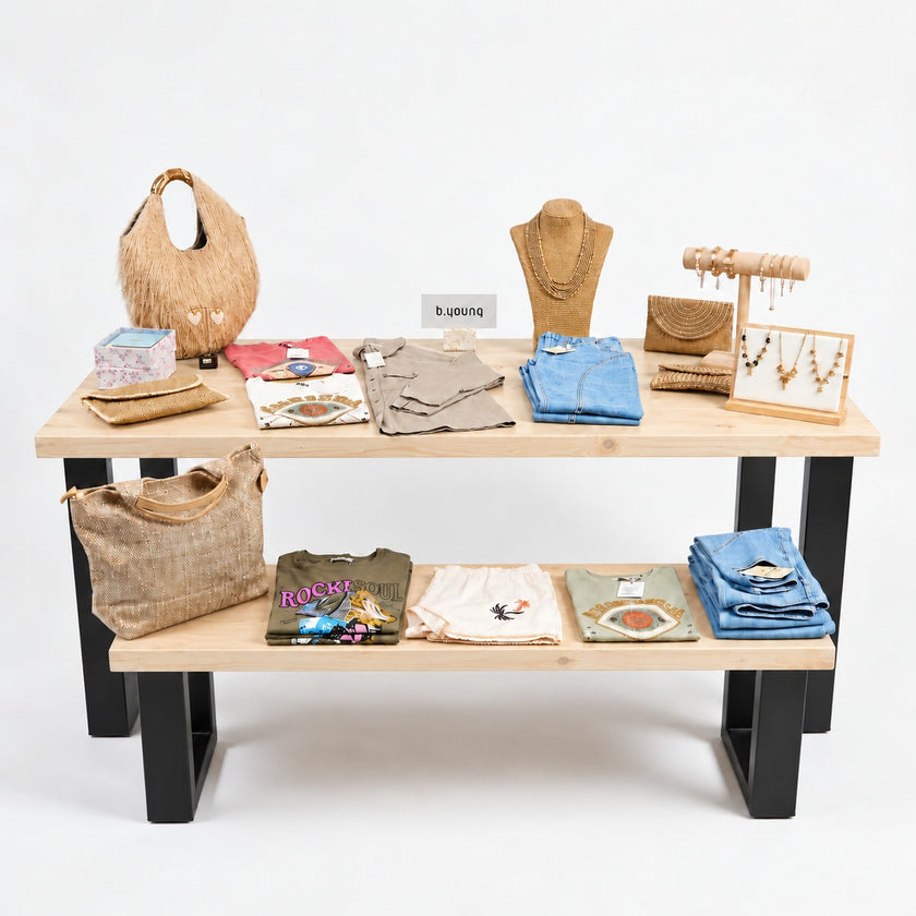Presentatietafel winkel van onbehandeld vurenhout met zwart stalen onderstel voor kleding en accessoires.