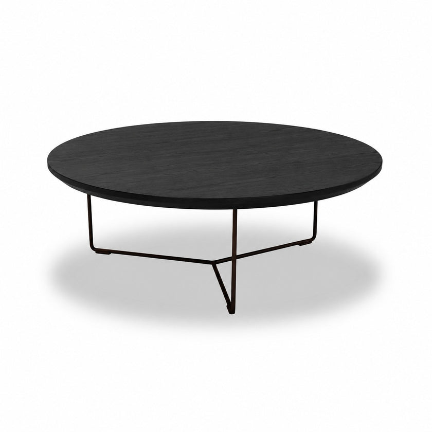 Ronde salontafel eiken met zwart eiken tafelblad en zwart metalen onderstel