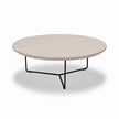 Ronde salontafel eiken met wit eiken tafelblad en zwart metalen onderstel