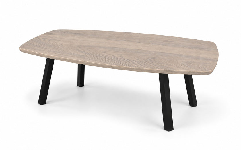 Salontafel ovaal Vince met eikenhouten blad in de kleur White, Deens ovale vorm en vier zwarte metalen poten.