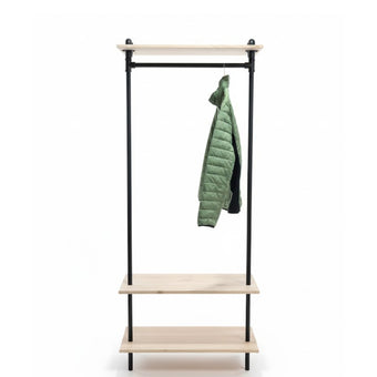 Zwarte steigerbuis kapstok met eiken legplanken en hanggedeelte