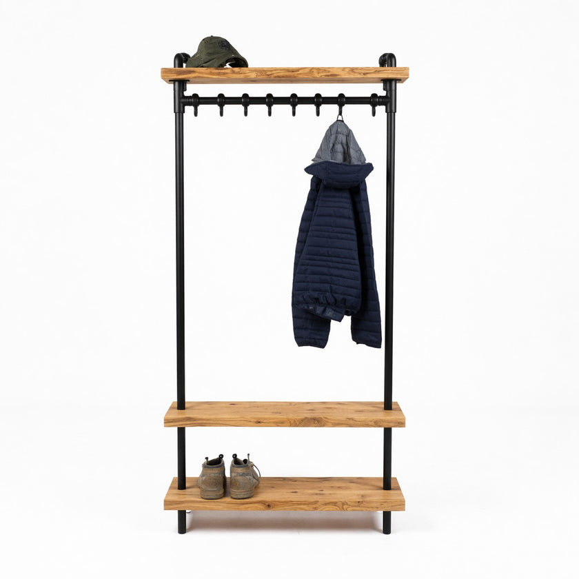 Industriële kapstok van steigerbuizen met naturel eikenhout, schoenenplank en haken