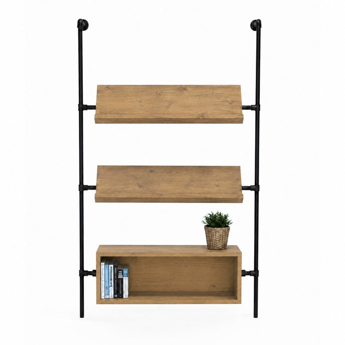Moderne steigerbuis tijdschriftenkast met houten bakken en industrieel design
