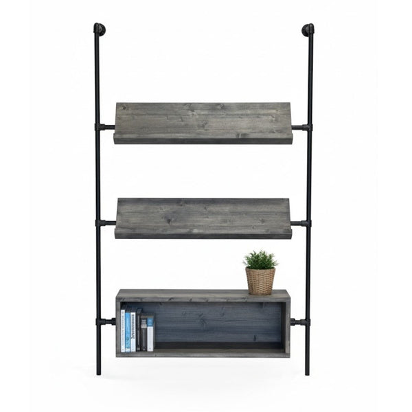 Steigerbuis kast Tijdschriften met houten opbergvakken en zwart metalen frame