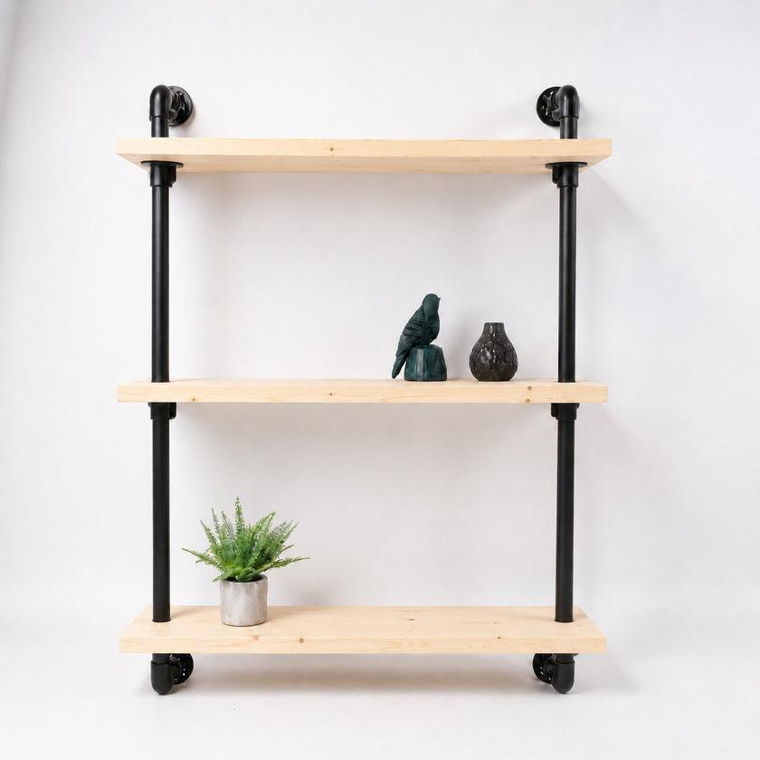 steigerbuis kast Whisky van steigerbuizen met drie houten planken in industriële stijl