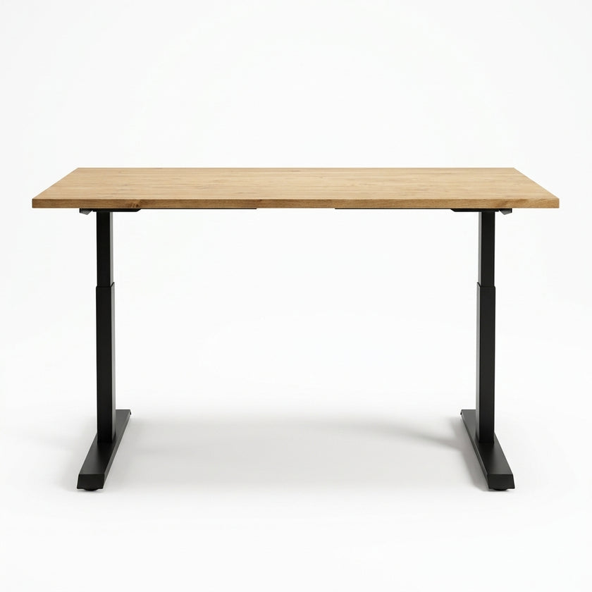 Zit sta bureau hout met bruin gebeitst vurenhouten blad en zwart verstelbaar metalen onderstel.