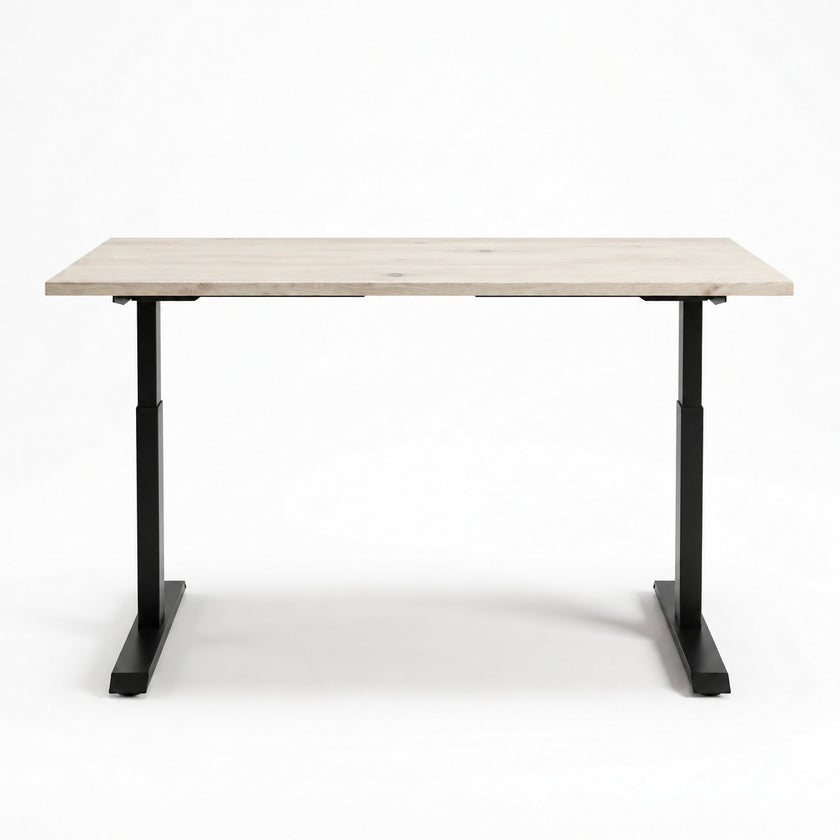 Zit sta bureau hout met wit gebeitst vurenhouten blad en zwart verstelbaar metalen onderstel.